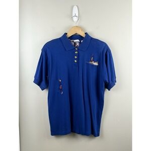 Line-Up Vtg Nantucket Polo Embroidered Lighthouse & Woman Blue Sz Lg Cotton